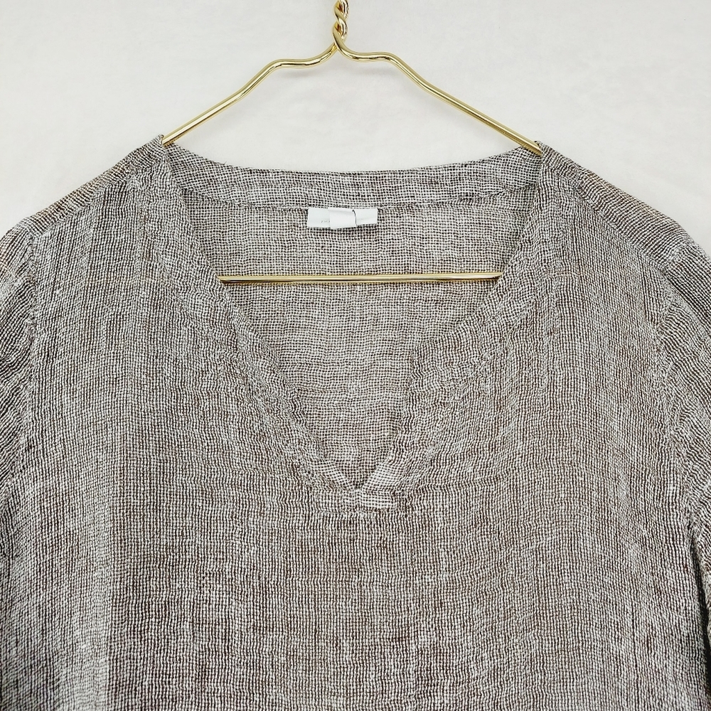 J. Jill Linen Brown and White Woven Sheer Popover V-Neck 3/4 Sleeve Blouse P5584 - Picture 2 of 7